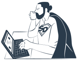Illustration of a SuperDad having a cup of tea on computer